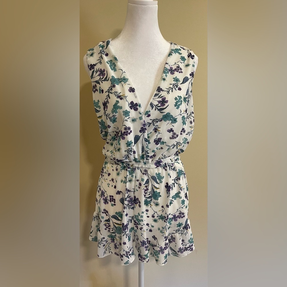 Blue Blush white, purple, green and yellow floral surplice romper